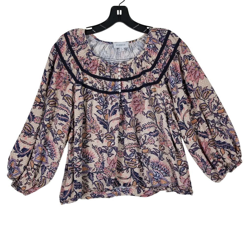 Evereve Blouse Women XL Multicolor Floral Boho Peasant Balloon Sleeve EW887